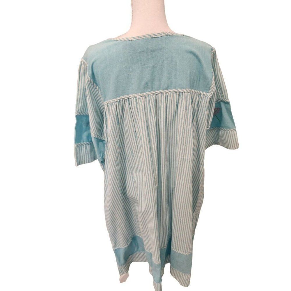 Vintage 80s Blue Flamingo MuuMuu Dress L Cotton Kaftan Patio Summer Cotton - Picture 4 of 9